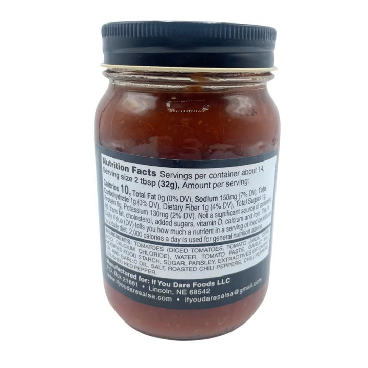 The side and nutrition fact label for If You Dare Salsa: Flicker of Fire on a white background