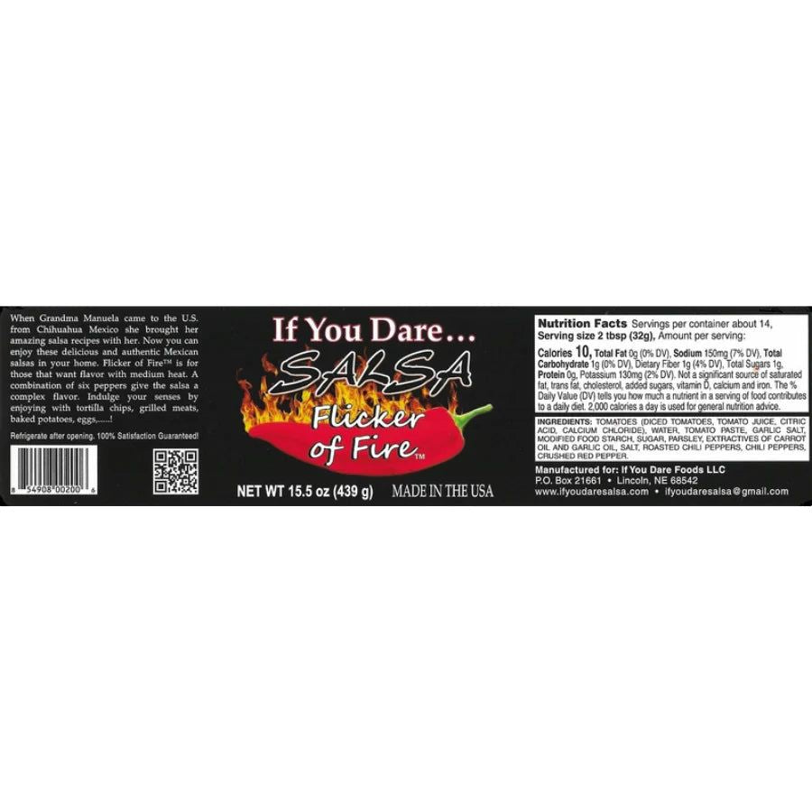 The label for If You Dare Salsa: Flicker of Fire on a white background