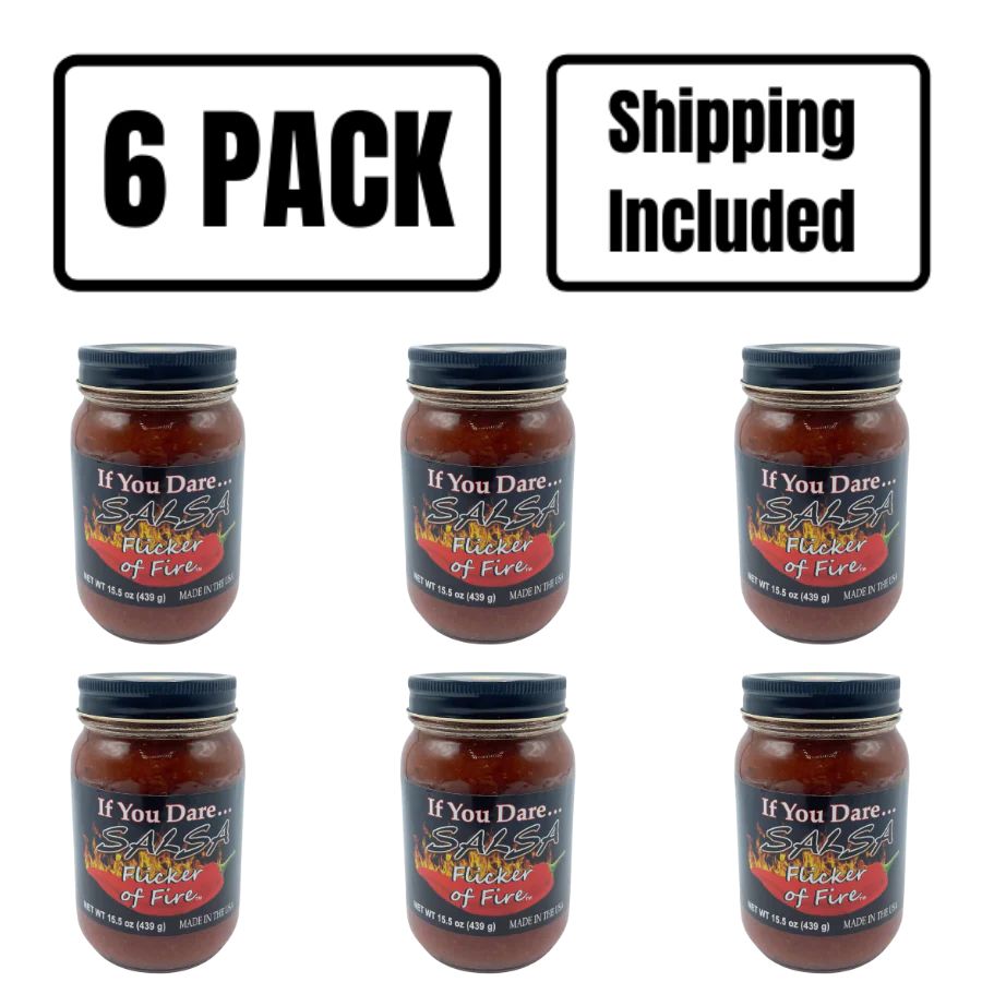 A six pack of If You Dare Salsa: Flicker of Fire on a white background