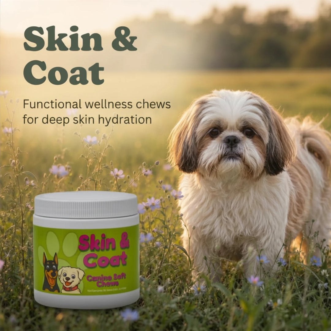 A small Shih Tzu dog stands in a sunlit grassy field next to a white jar labeled 'Skin & Coat' with a green label. Large text at the top reads 'Skin & Coat' and 'Functional wellness chews for deep skin hydration.