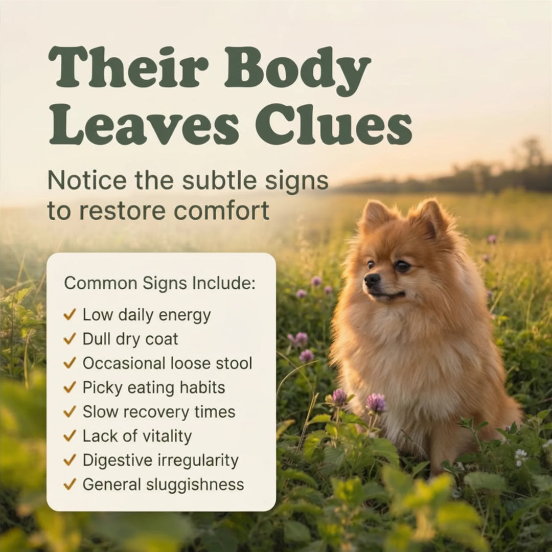 Dog sitting in a field with text about body language and comfort signs.
