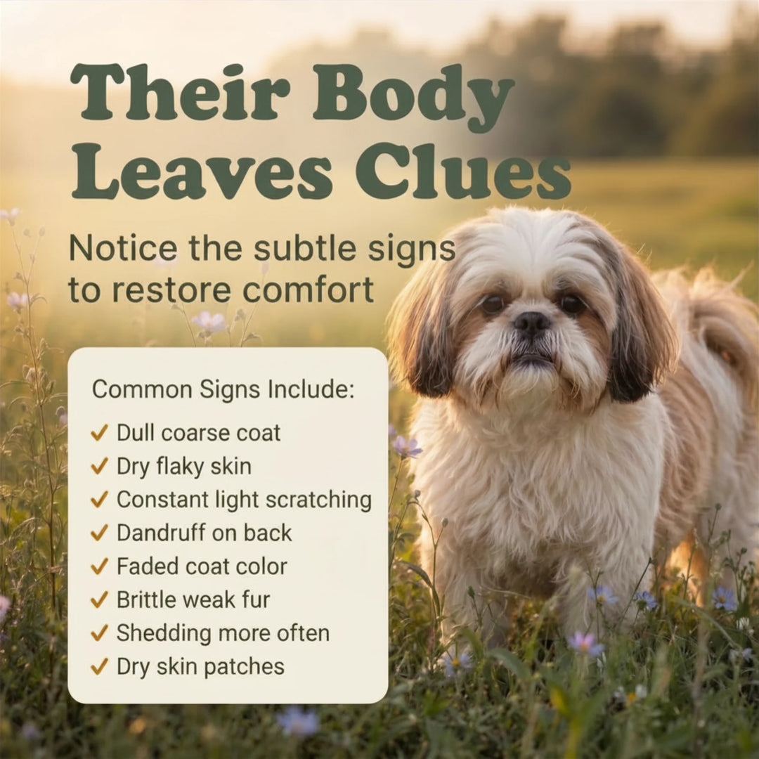 Dog standing in a field with text about body signs of discomfort and a list of common signs.