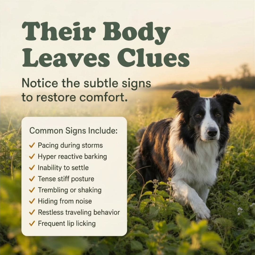 Dog in a field with text about body language clues for comfort