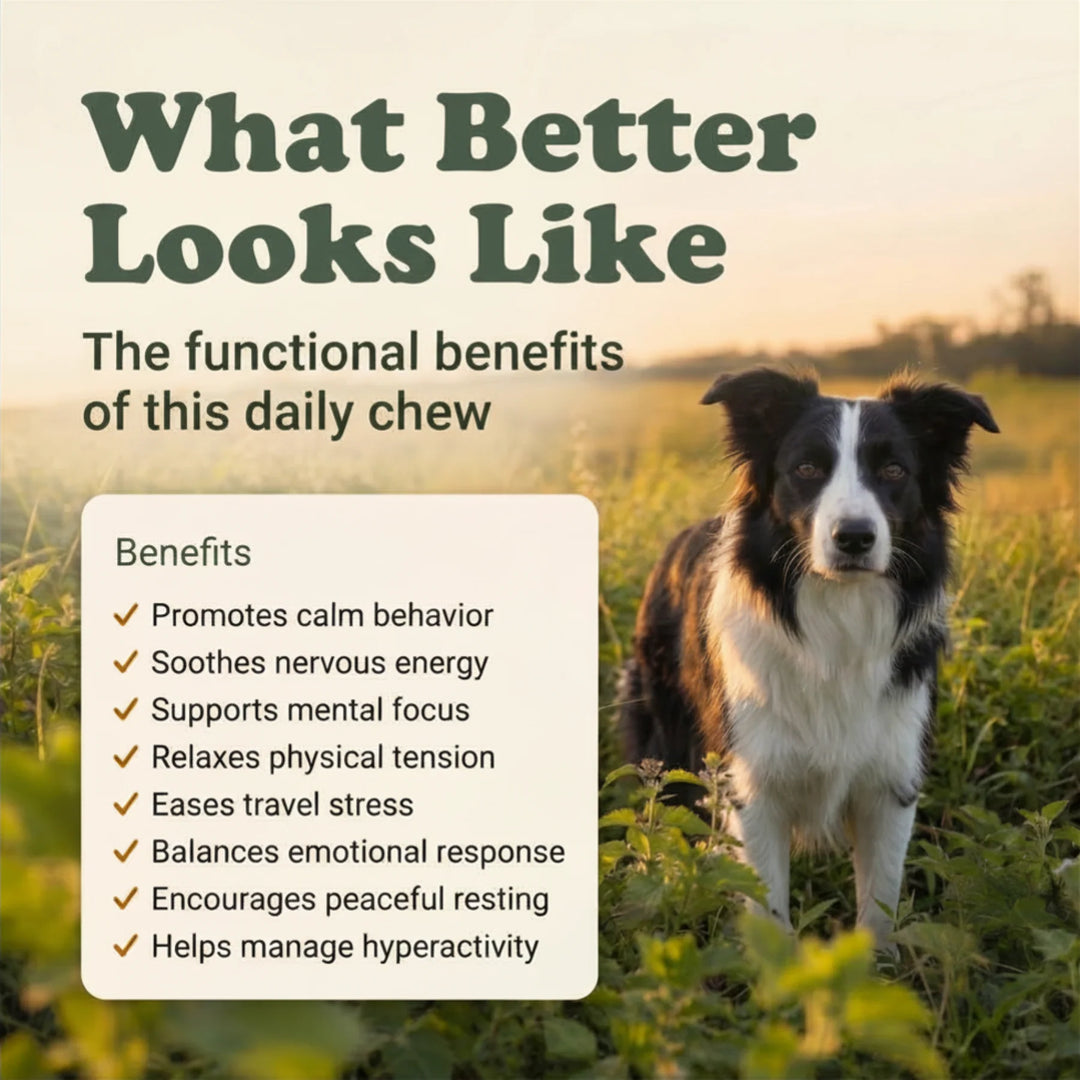 Dog standing in a field with text about the benefits of a daily chew product.