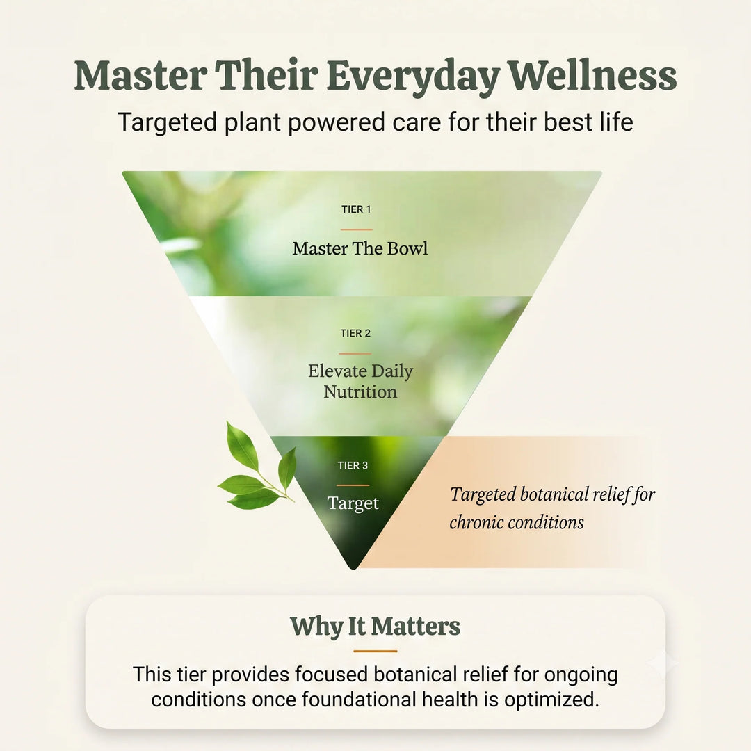 An infographic titled 'Master Their Everyday Wellness' with a large inverted triangle divided into three green tiers labeled 'Master The Bowl,' 'Elevate Daily Nutrition,' and 'Target,' plus smaller text about botanical relief for chronic conditions. A white rounded panel at the bottom reads 'Why It Matters.