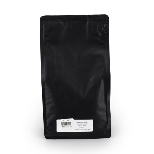 Back side of a bag of Breakfast Blend Ground Coffee