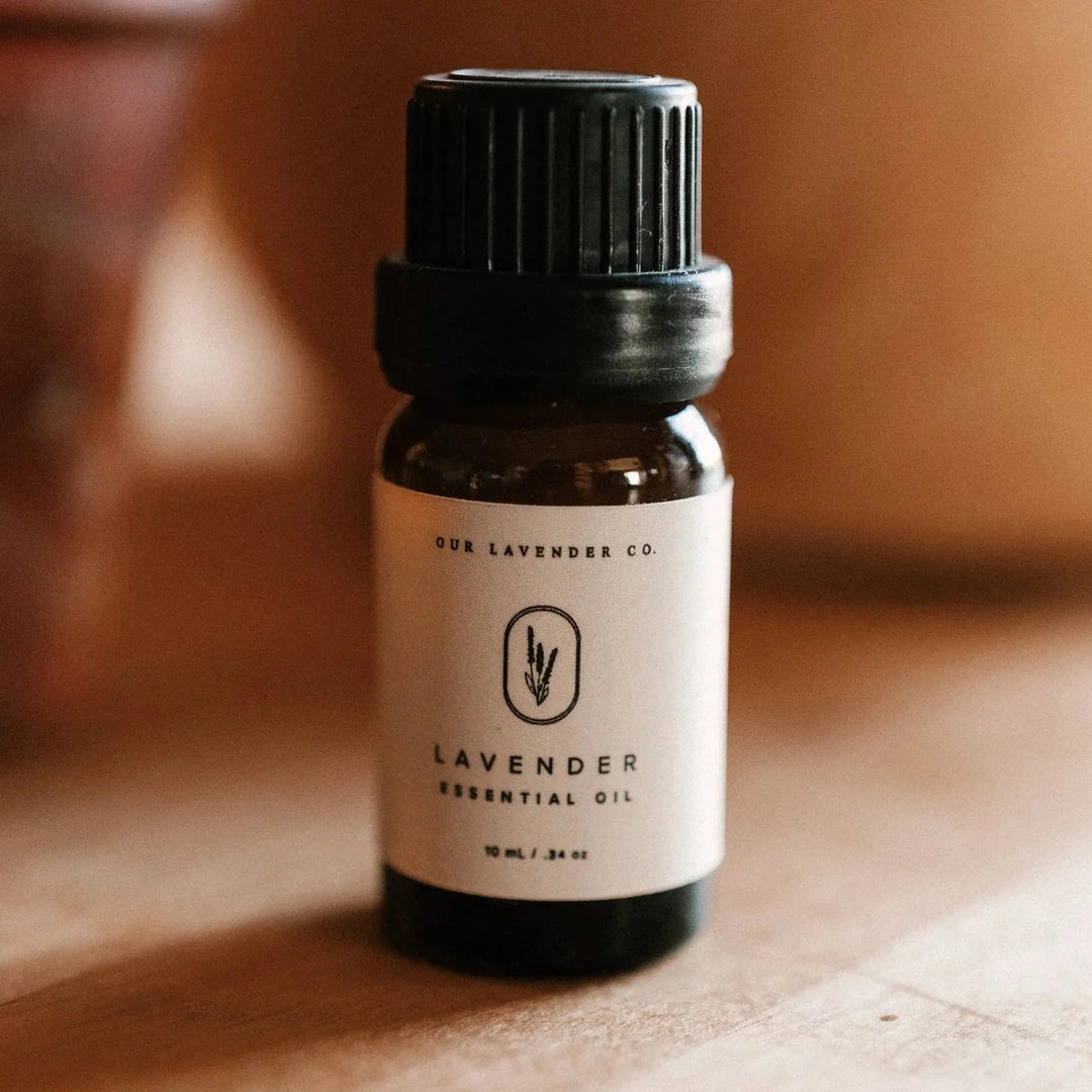 Our Lavender Co Lavender Essential Oil 10 ml sitting on a wood table
