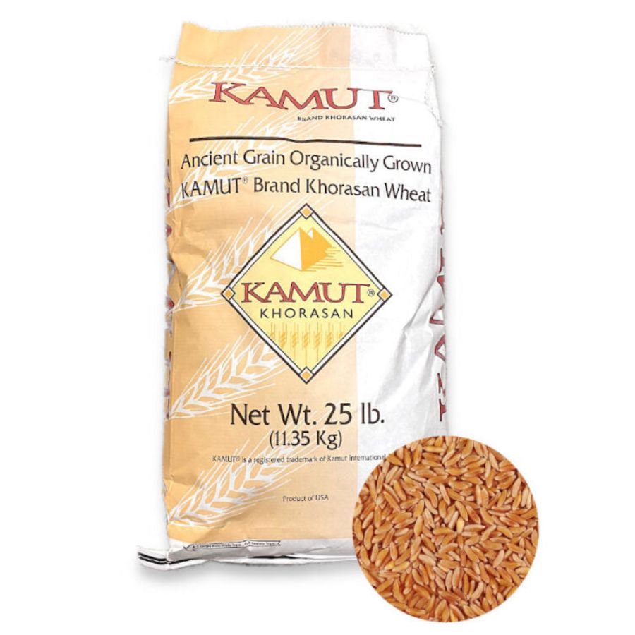 One 25 Pound Bag Of Organic Kamut Wheat On A White Background