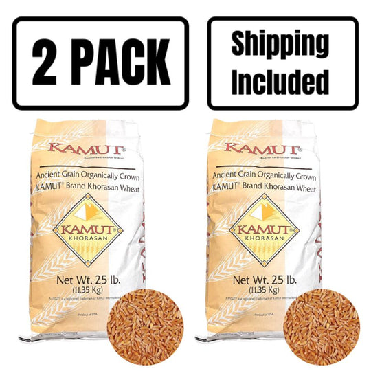 Two 25 Pound Bags Of Organic Kamut Wheat On A White Background