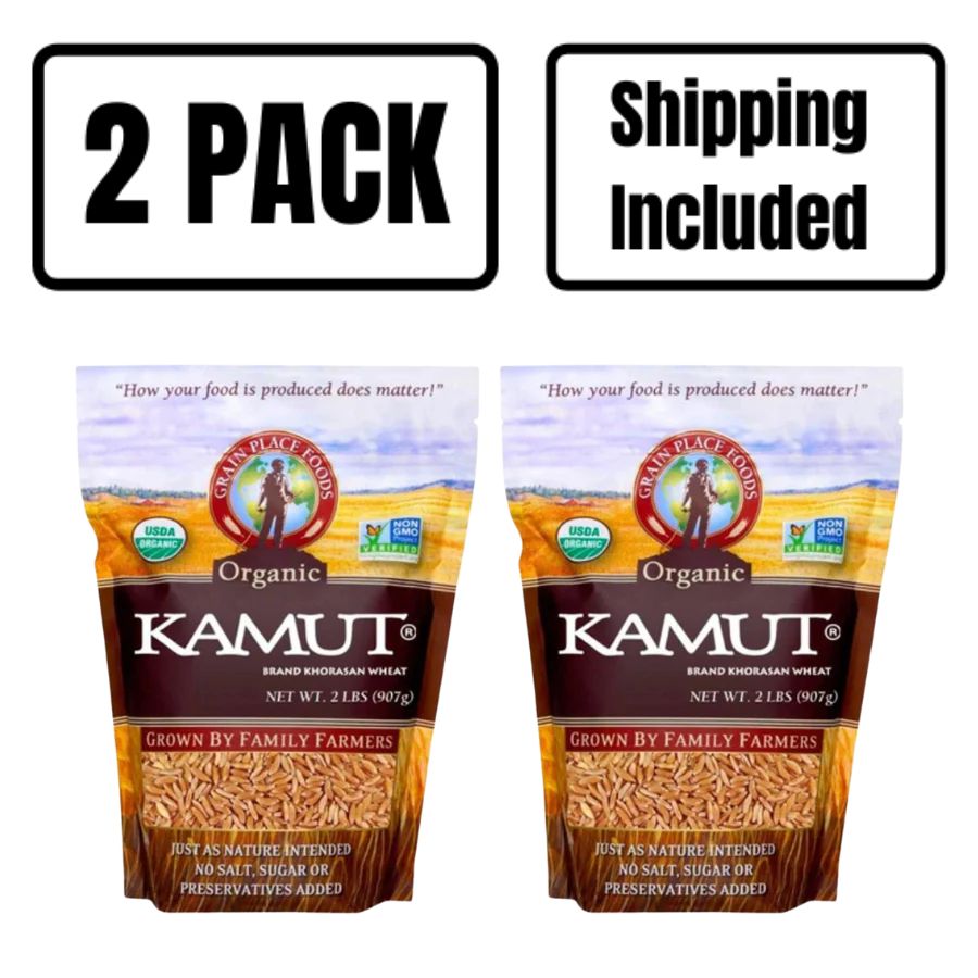 Two 2 Pound Bags Of Organic Kamut Wheat On A White Background