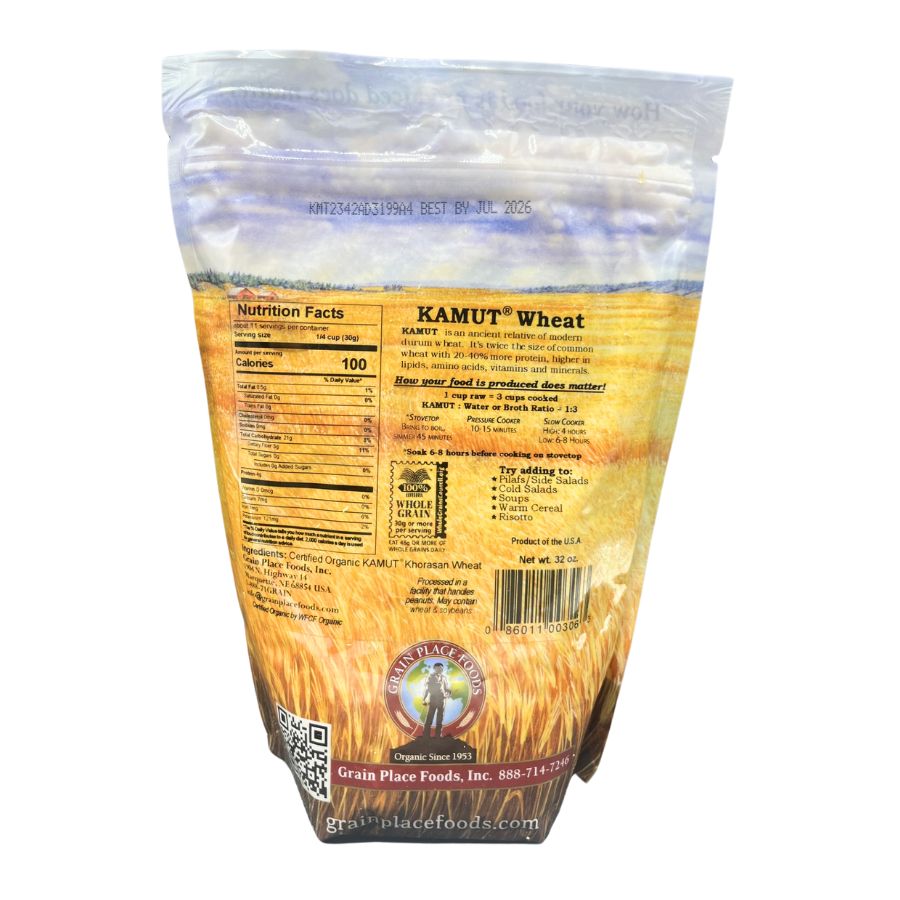 The Back Of A 2 Pound Bag Of Organic Kamut Wheat On A Clear Background