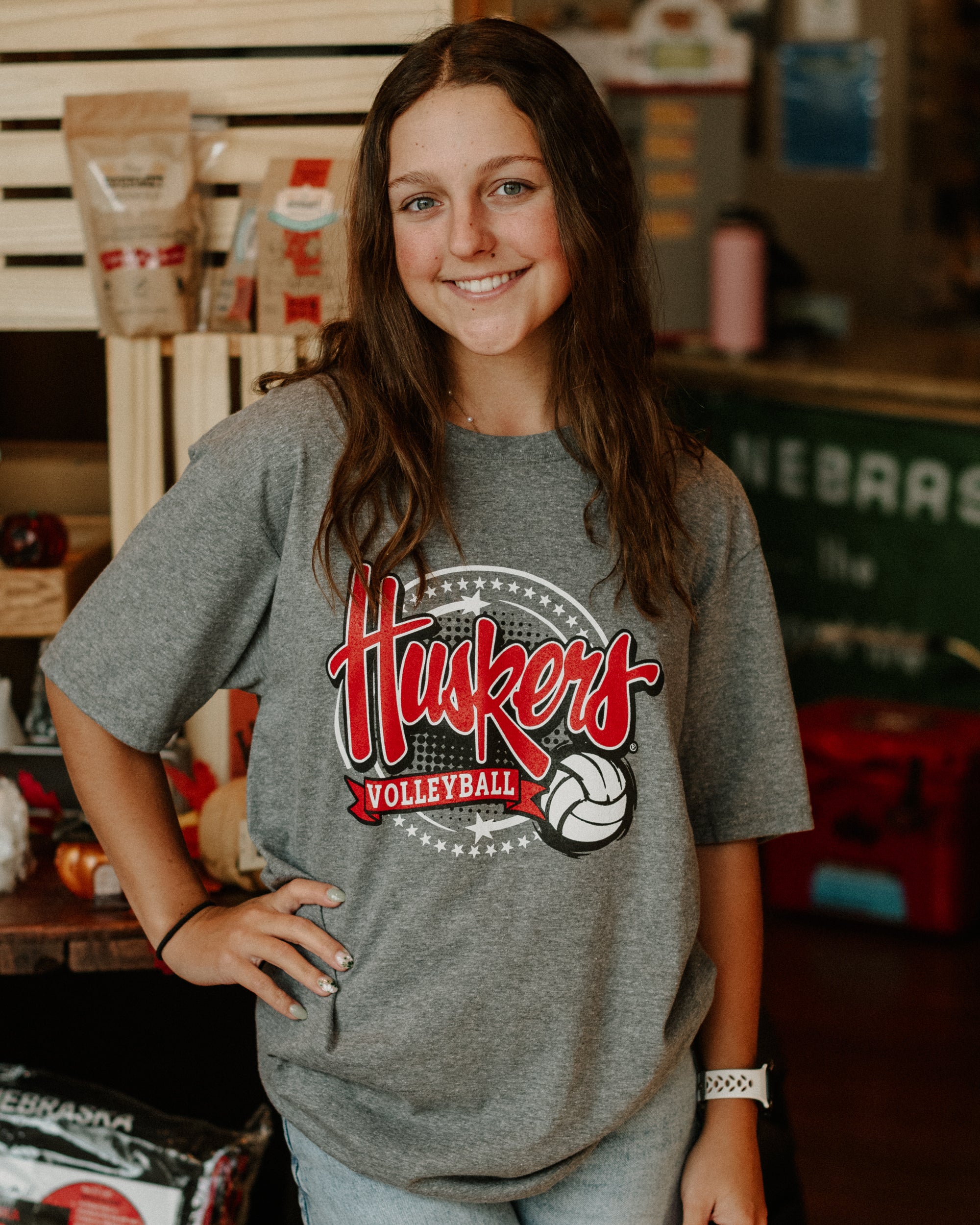 Husker Volleyball Shirt on Size Small Model 