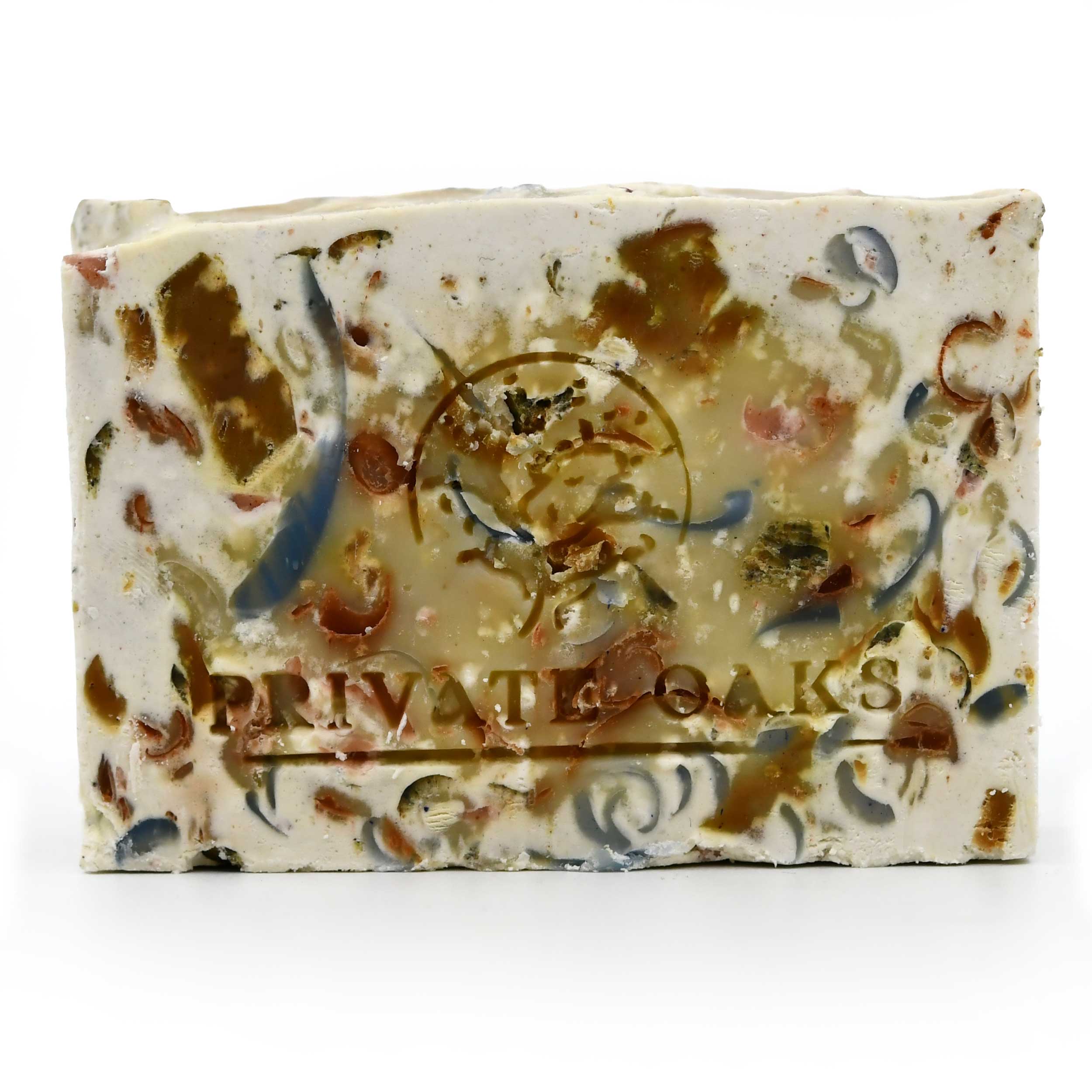 Bar of soap with decorative design and 'Private Oaks' branding on a white background