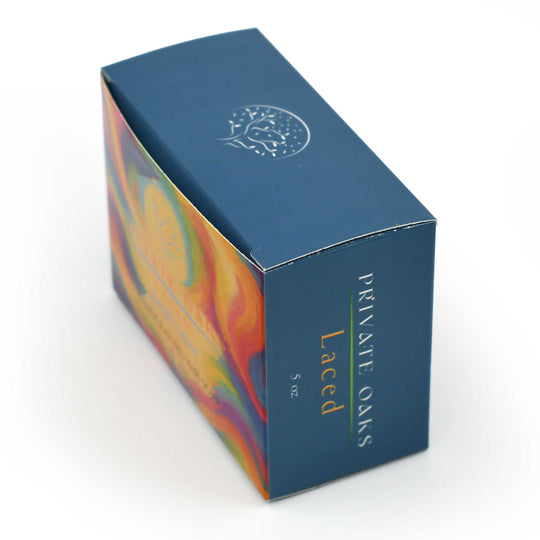 Blue box with colorful design and 'Private Oaks' branding on a white background
