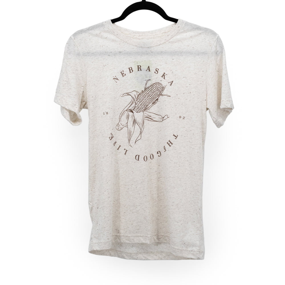 The Good Life T-shirt | Nebraska Corn T-shirt | Tan and Speckled | Unisex | Soft Blended Material | Multiple Sizes | Cute & Simple Style | Breathable