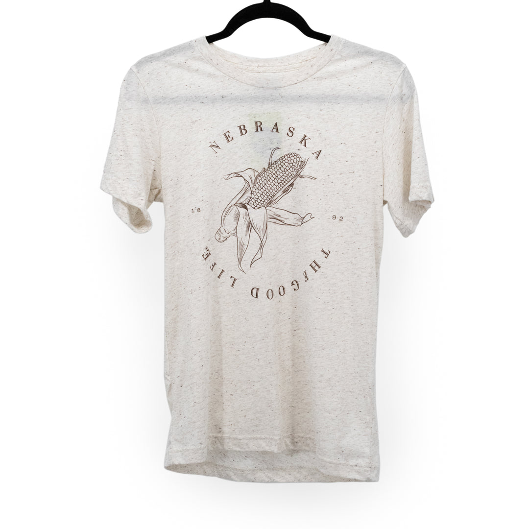 The Good Life T-shirt | Nebraska Corn T-shirt | Tan and Speckled | Unisex | Soft Blended Material | Multiple Sizes | Cute & Simple Style | Breathable