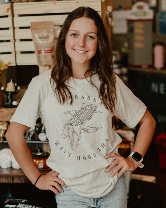 The Good Life T-shirt | Nebraska Corn T-shirt | Tan and Speckled | Unisex | Soft Blended Material | Multiple Sizes | Cute & Simple Style | Breathable