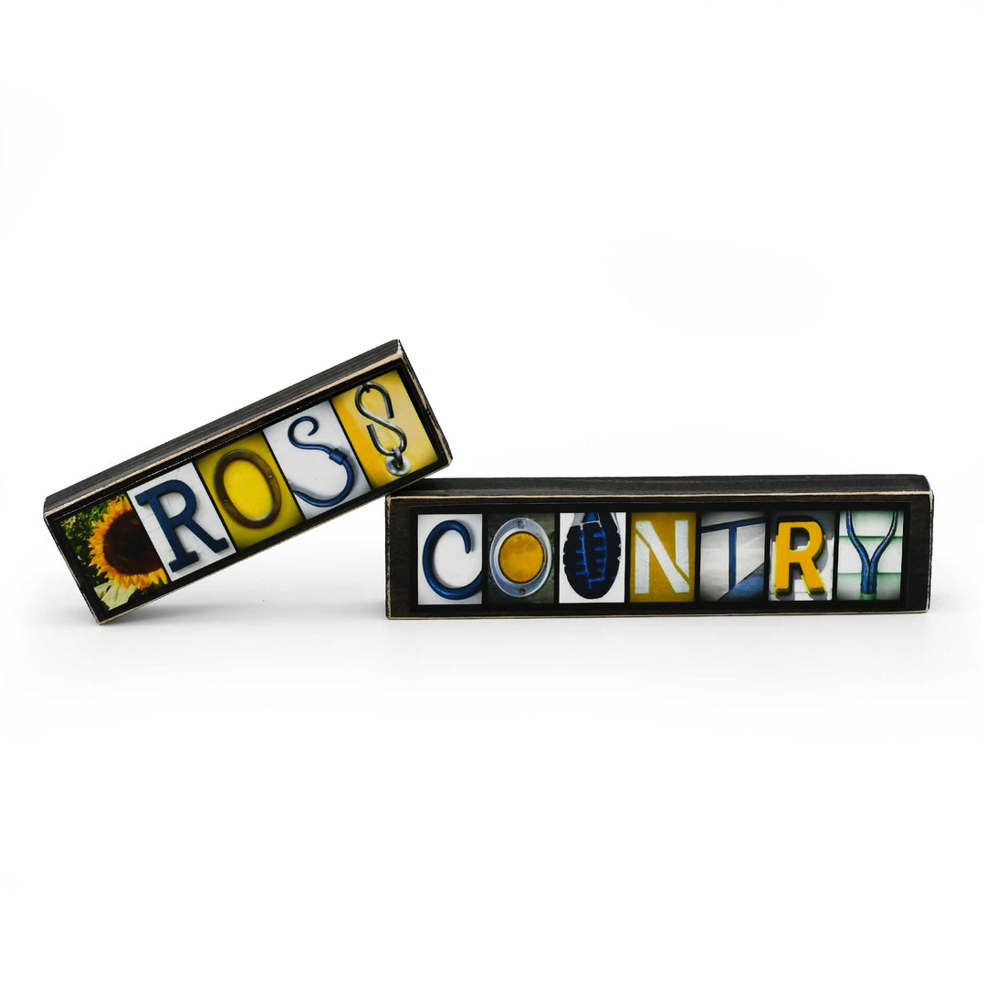 Two art pieces spelling 'Cross Country' on a white background
