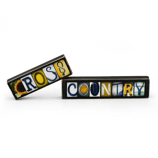 Two art pieces spelling 'Cross Country' on a white background