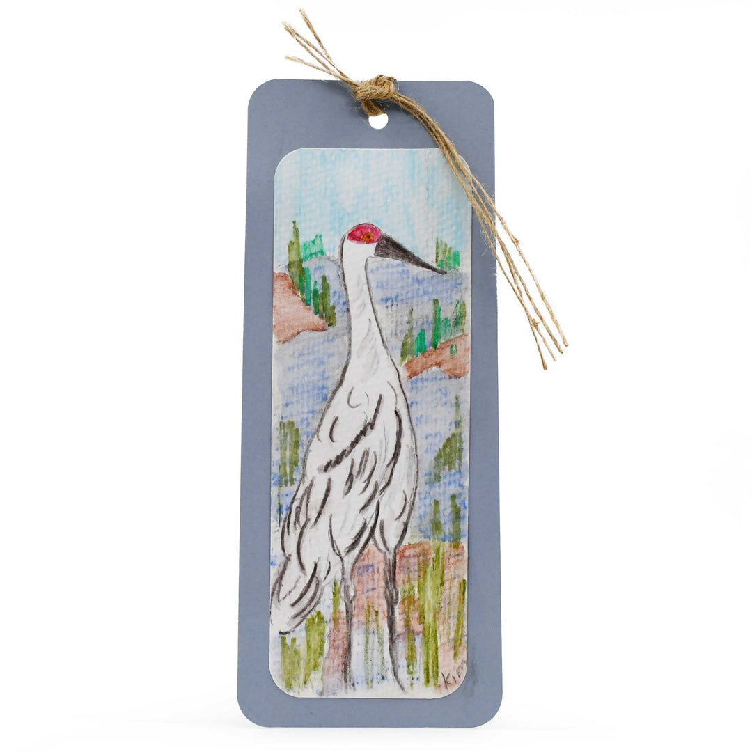 Bookmark with a crane illustration on a white background