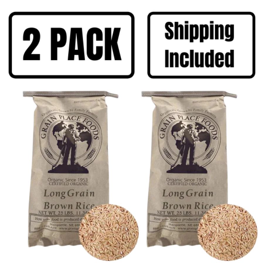 Two 25 Pound Bags Of Organic Long Grain Brown Rice On A White Background