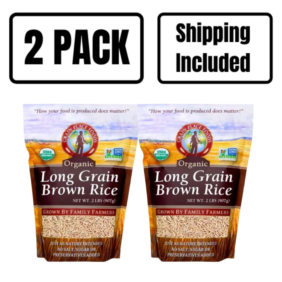 Two 2 Pound Bags Of Organic Long Grain Brown Rice On A White Background