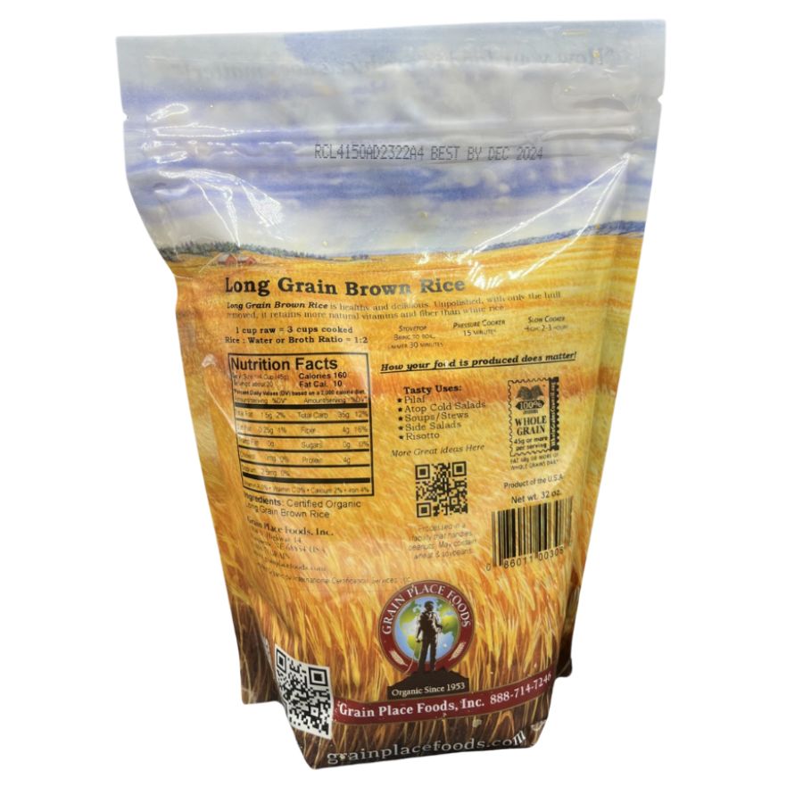 The Back Of A 2 Pound Bag Of Organic Long Grain Brown Rice On A Clear Background