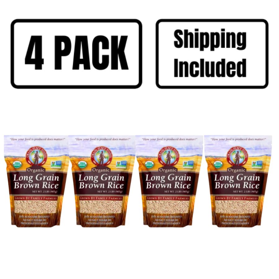 Four 2 Pound Bags Of Organic Long Grain Brown Rice On A White Background