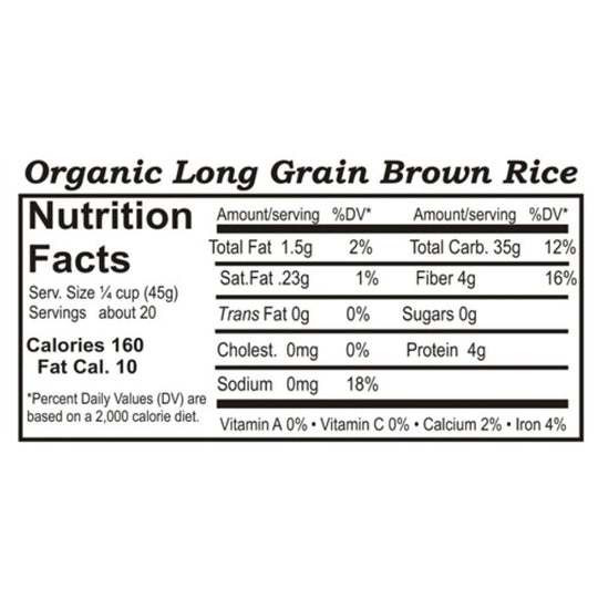 Nutrition Label For Organic Long Grain Brown Rice