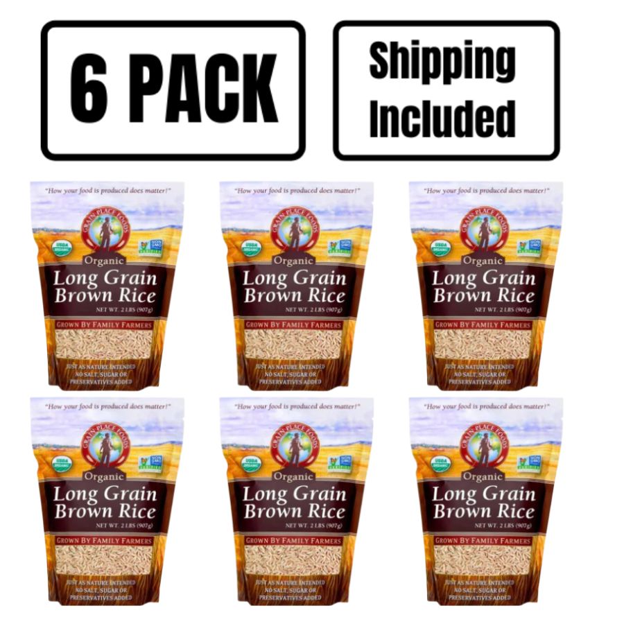 Six 2 Pound Bags Of Organic Long Grain Brown Rice On A White Background