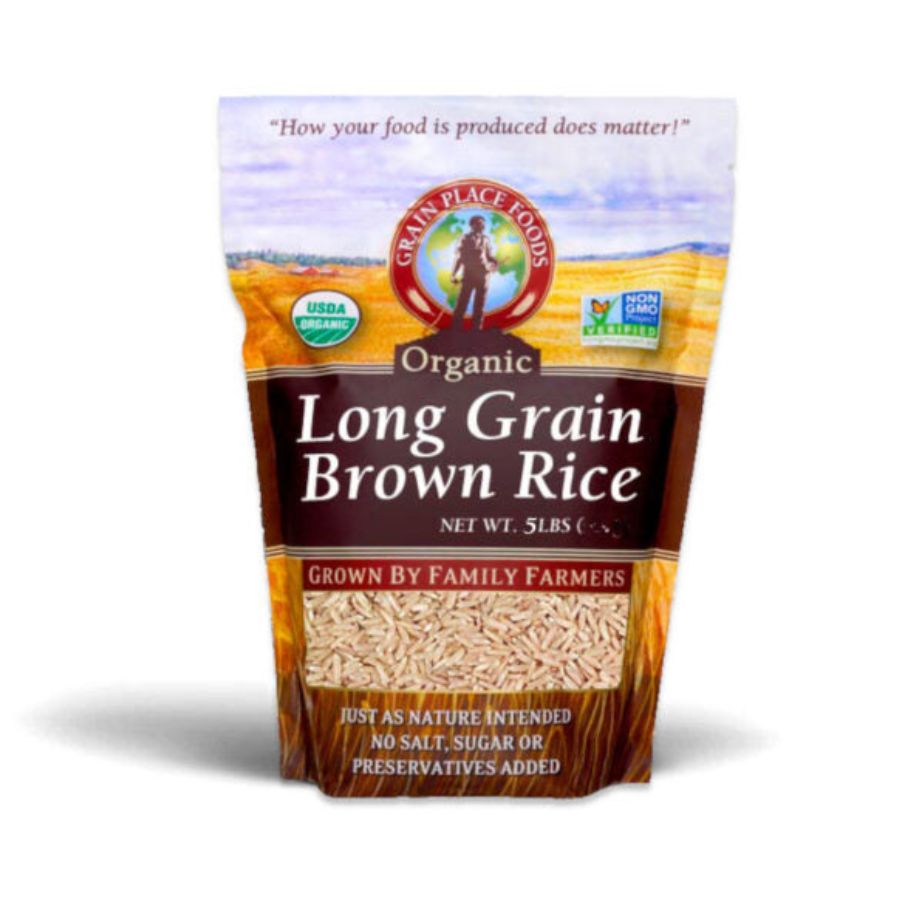 One 5 Pound Bag Of Organic Long Grain Brown Rice On A White Background
