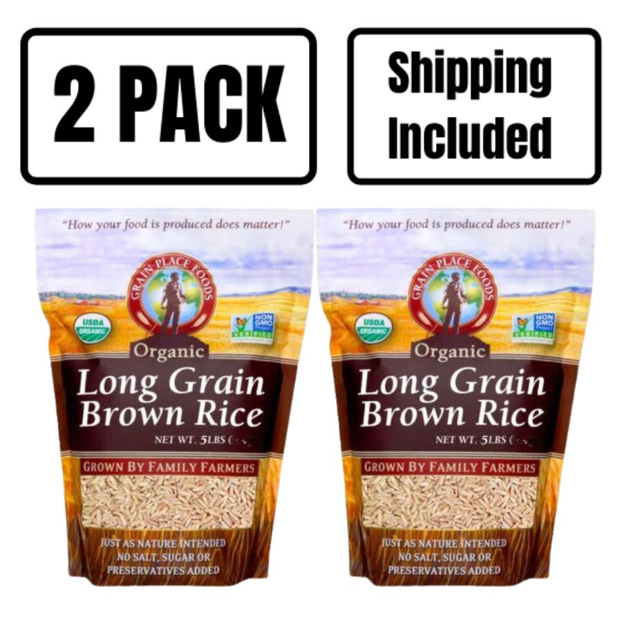 Two 5 Pound Bags Of Organic Long Grain Brown Rice On A White Background