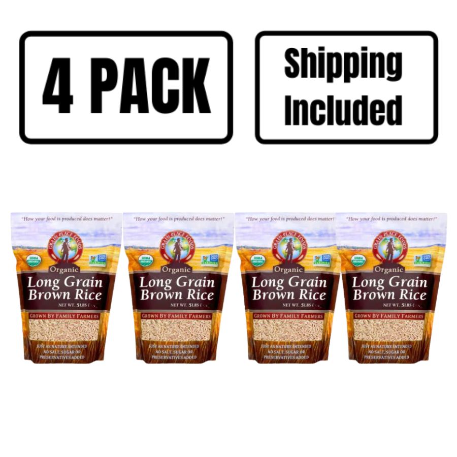 Four 5 Pound Bags Of Organic Long Grain Brown Rice On A White Background