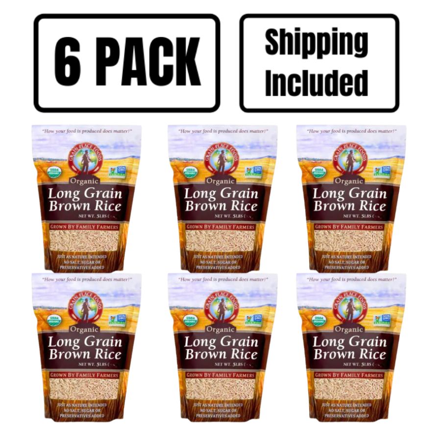 Six 5 Pound Bags Of Organic Long Grain Brown Rice On A White Background