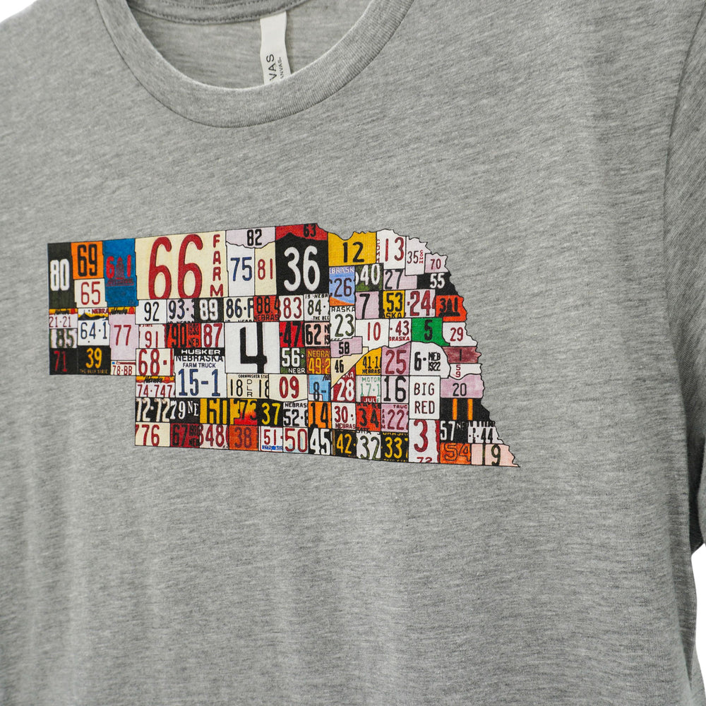 Nebraska License Plates T-Shirt | Light Gray | Choose Your Size | Cotton Blend | Unisex | Breathable Fabric | Perfect Addition To Your Wardrobe | Midwest Support | Comfortable & Soft Fit