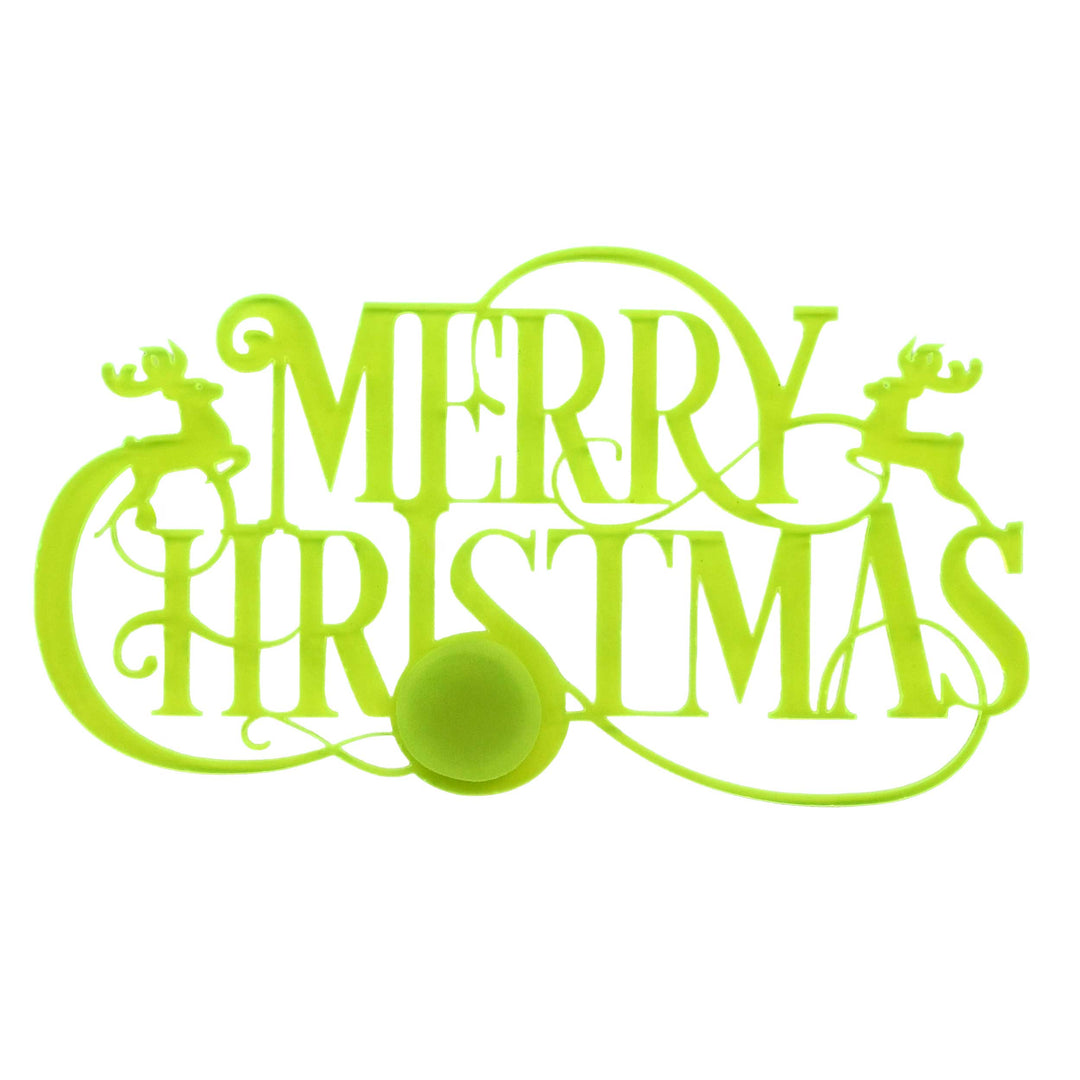 A lime green laser-cut plastic sign featuring the words 'MERRY CHRISTMAS' in an ornate script with decorative swirls, a reindeer on each side, and a round ornament at the bottom, shown on a plain white background.