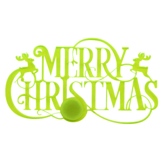 A lime green laser-cut plastic sign featuring the words 'MERRY CHRISTMAS' in an ornate script with decorative swirls, a reindeer on each side, and a round ornament at the bottom, shown on a plain white background.