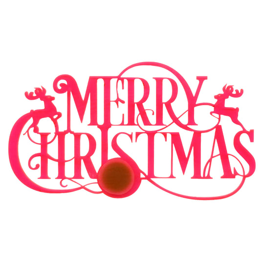A festive red laser-cut plastic sign spelling 'MERRY CHRISTMAS' with reindeer silhouettes and decorative swirls, featuring a hanging loop at the bottom center, shown against a plain white background.