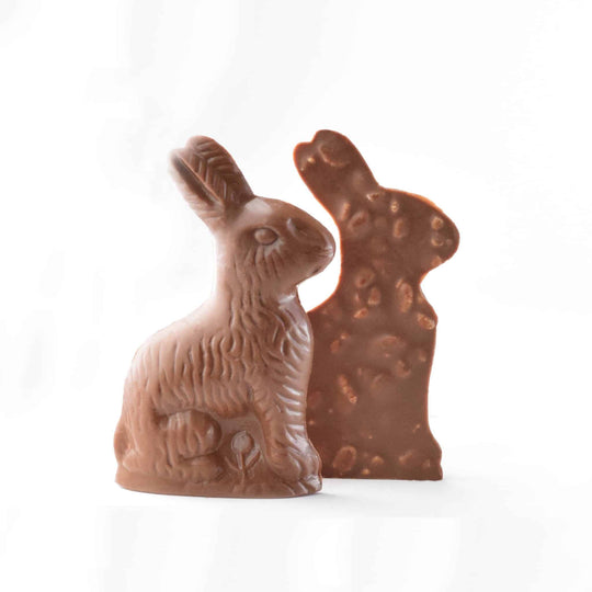 Two chocolate bunny figures on a white background