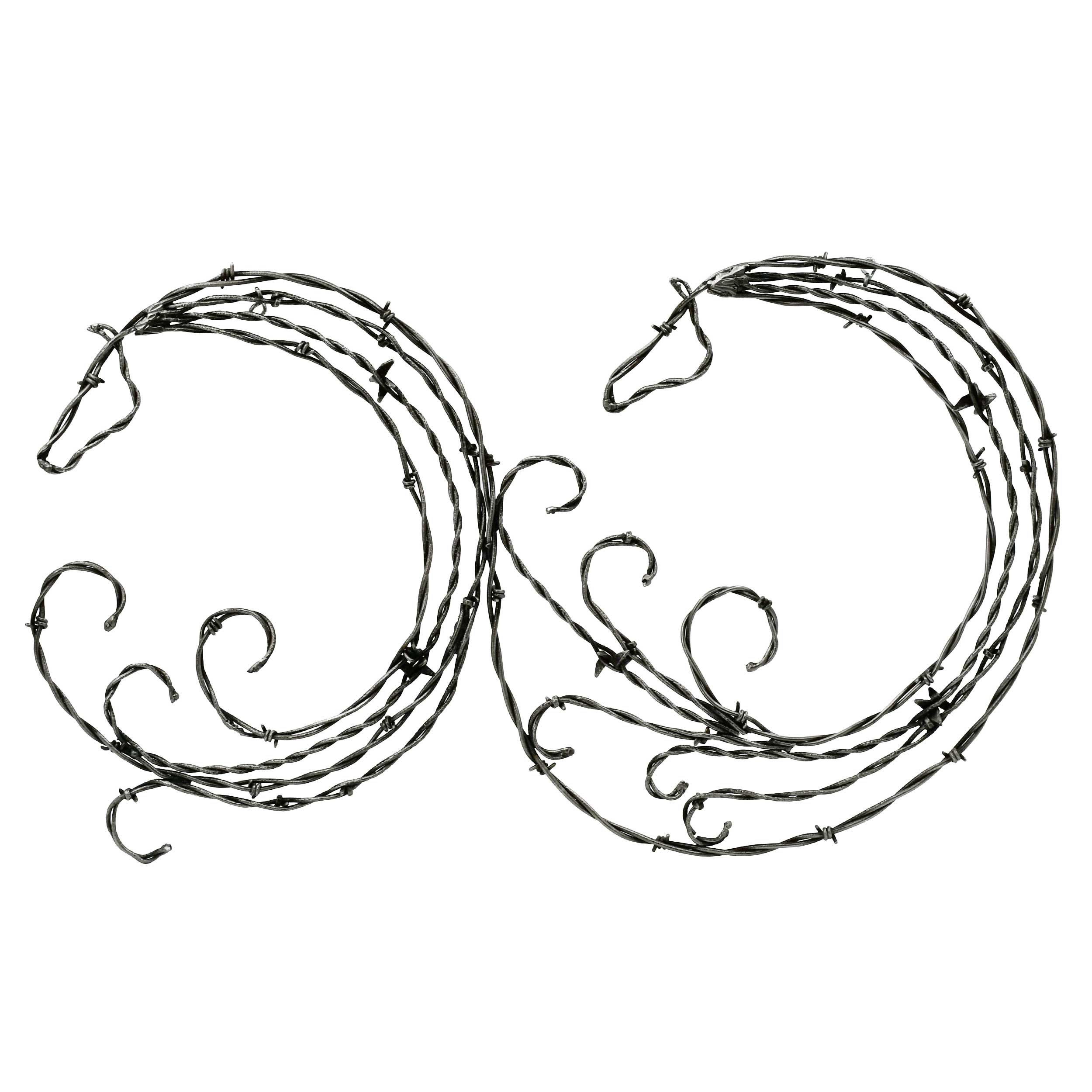 Decorative metal horse head sculptures on a white background