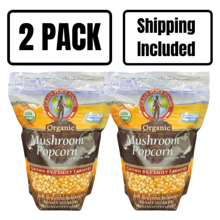 Two 2 Pound Bags Of Organic Mushroom Popcorn On A Clear Background