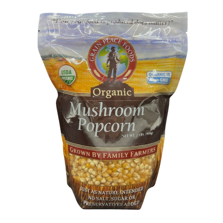 One 2 Pound Bag Of Organic Mushroom Popcorn On A Clear Background