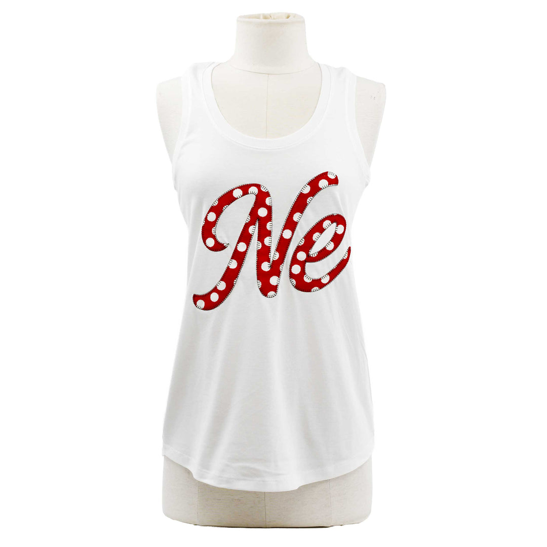 A white sleeveless tank top displayed on a mannequin torso, featuring a large red cursive 'N' and 'e' graphic across the chest filled with white polka dots.