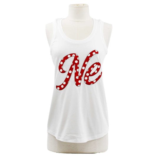 A white sleeveless tank top displayed on a mannequin torso, featuring a large red cursive 'N' and 'e' graphic across the chest filled with white polka dots.