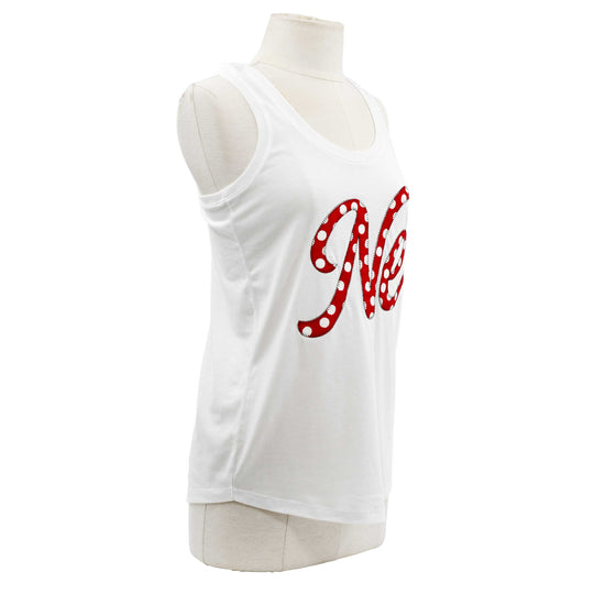 A white sleeveless tank top displayed on a mannequin torso, featuring a large red cursive 'N' and 'e' graphic across the chest filled with white polka dots.