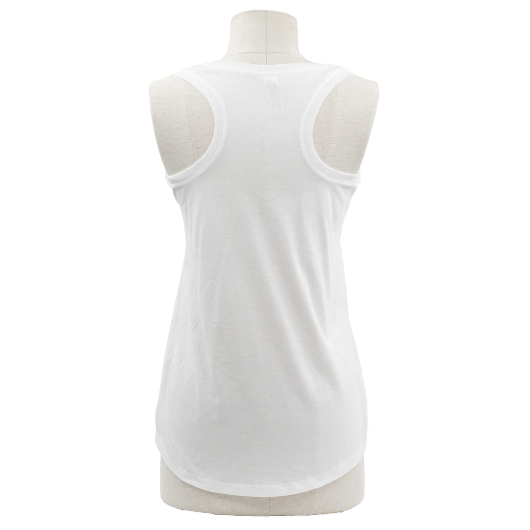 White sleeveless tank top shown from the back on a dress form mannequin against a plain white background.