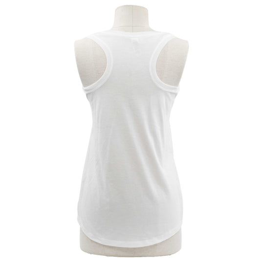 White sleeveless tank top shown from the back on a dress form mannequin against a plain white background.