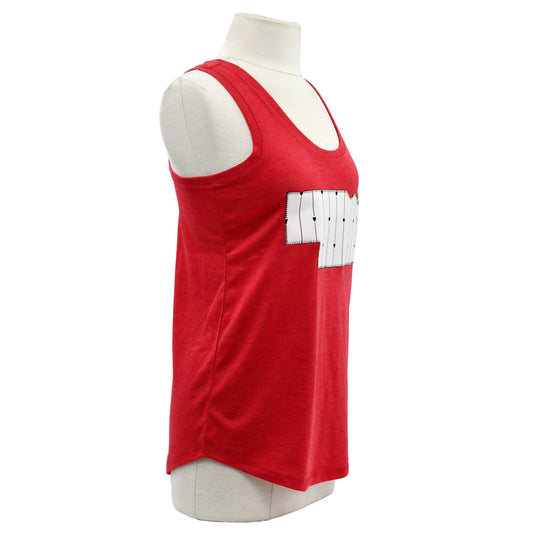 A red sleeveless tank top displayed on a white mannequin torso against a plain white background. The front of the tank features a white graphic print resembling a stylized shield or lettering.