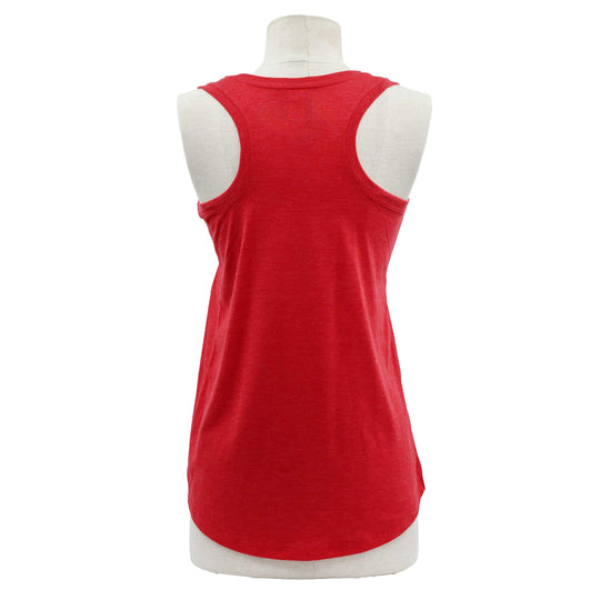 A red sleeveless racerback tank top displayed on a white mannequin torso against a plain white background.