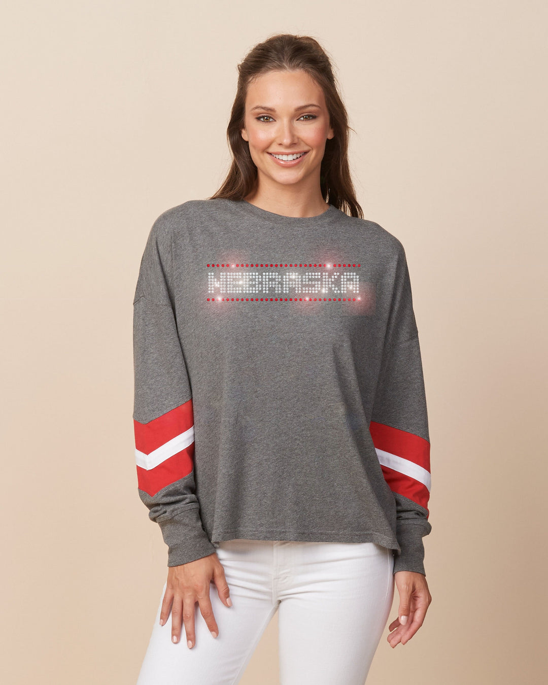 Gray Nebraska Long Sleeve Shirt with Red & White Striped Sleeves | Multiple Sizes | Nature Find & Designs
